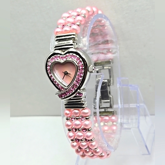 Womens Watch 24mm Heart Faux Pearls Crystals Bracelet Pink Mother Of Pearl Runs main image 9